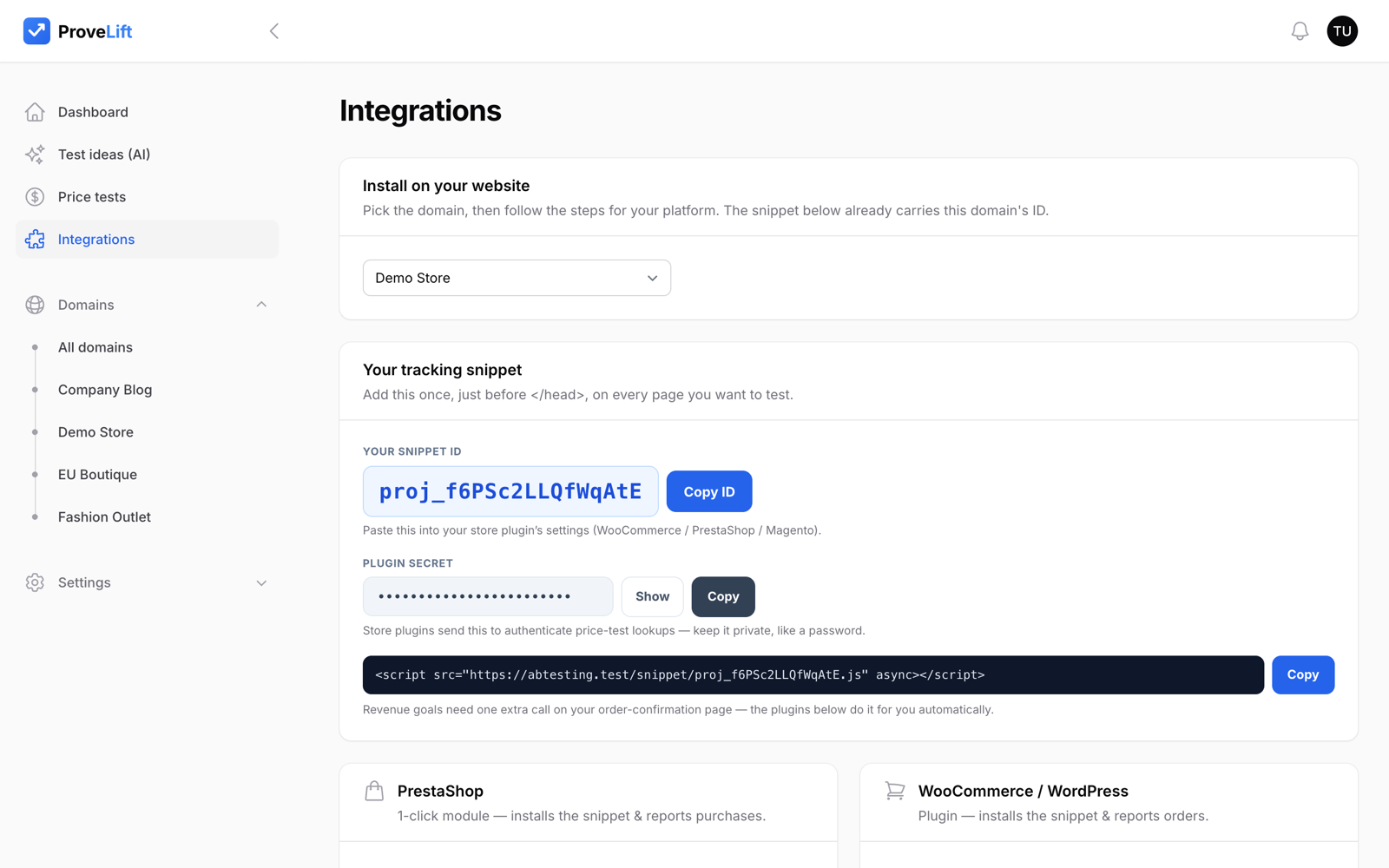 ProveLift setup — snippet ID, embed code and store plugins on the Integrations screen