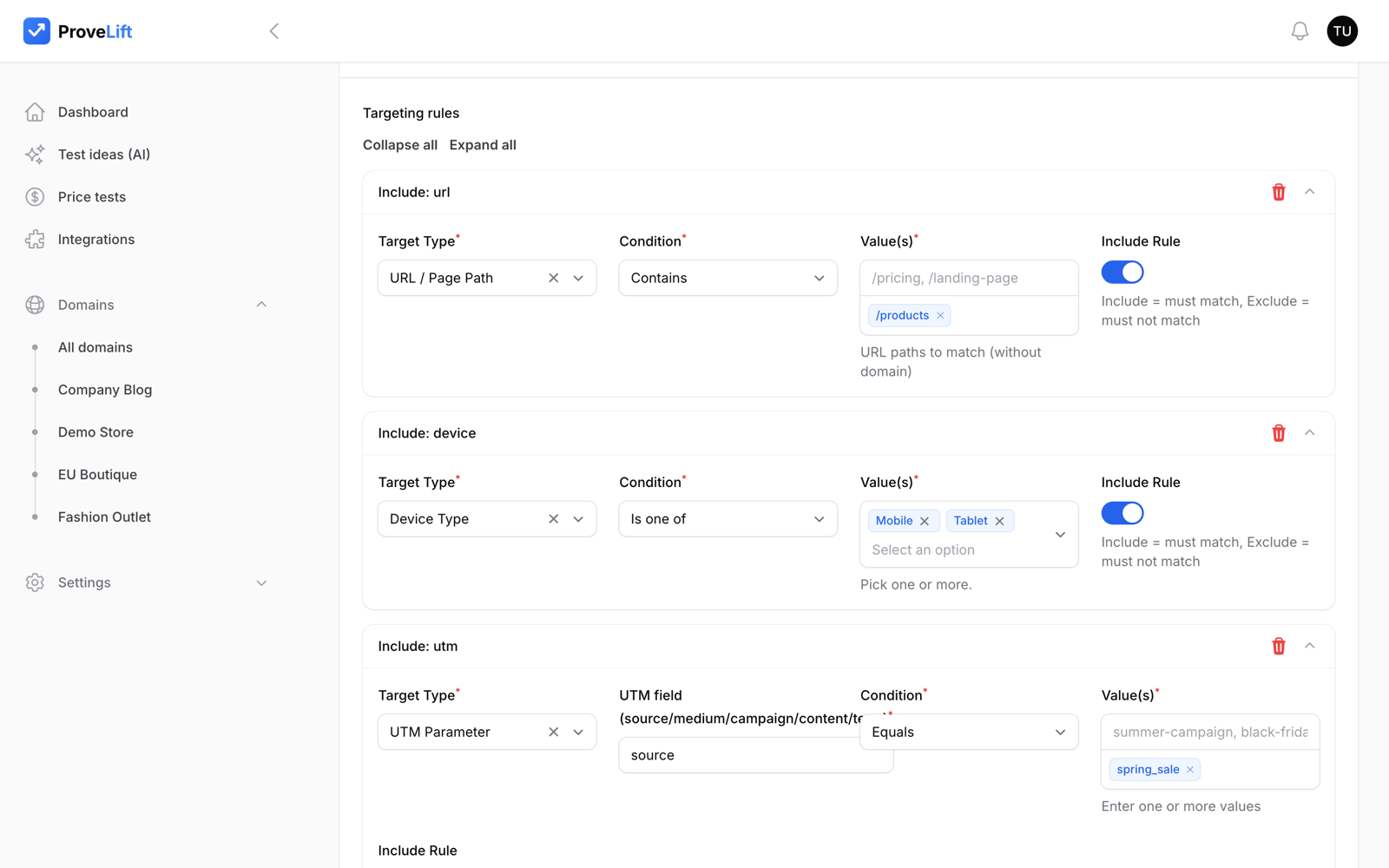 ProveLift targeting rules — URL, device and UTM audience conditions